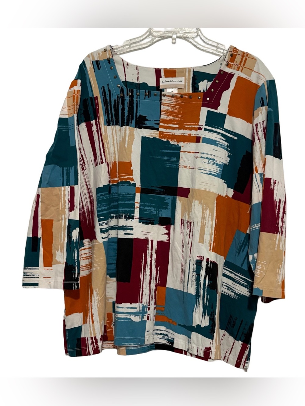 Alfred Dunner Teal, Orange, Burgundy & Cream Abstract Print Top